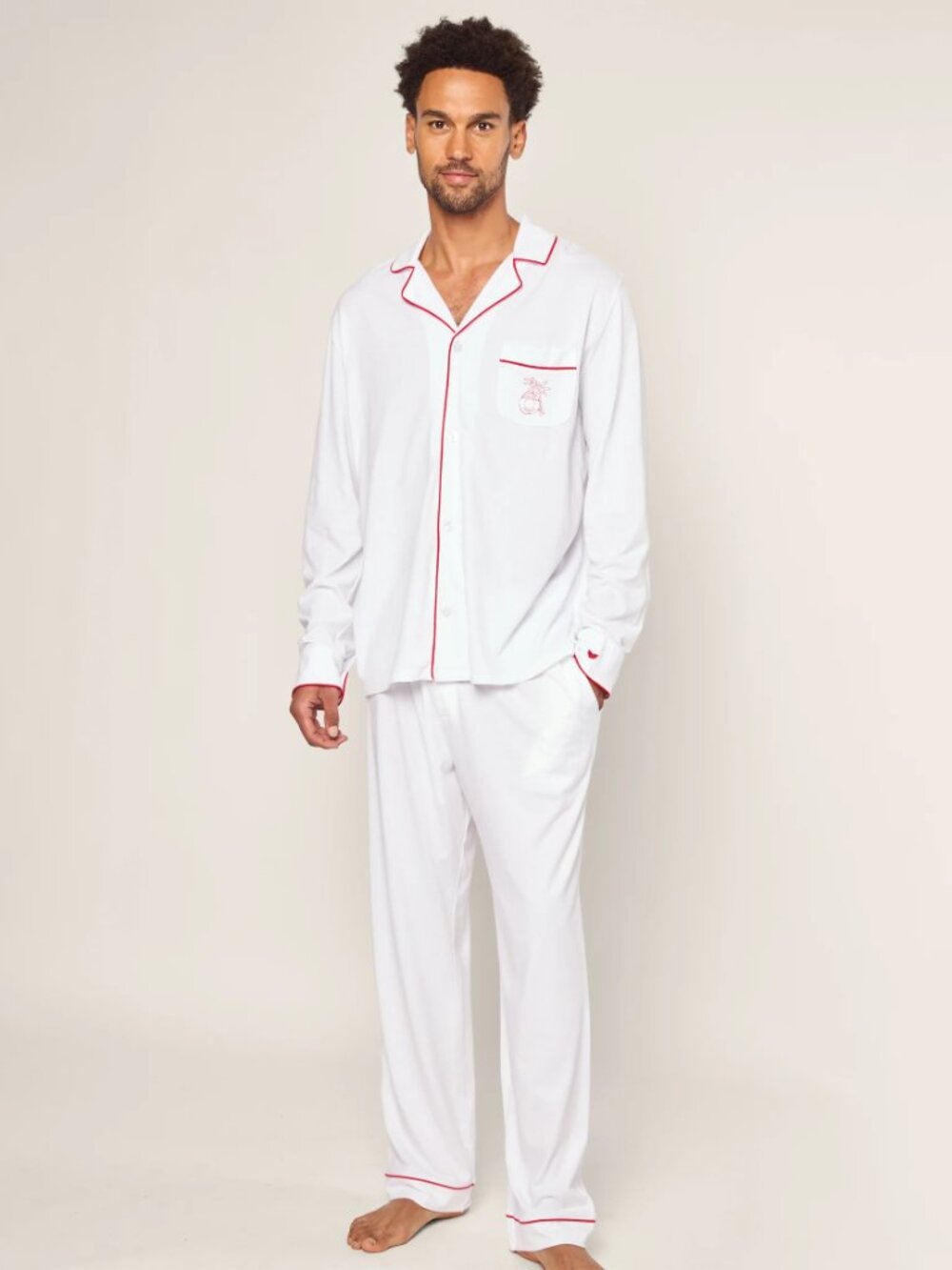 Petite Plume x Eden Rock Men's Pima Pajama Set in White With Red Piping